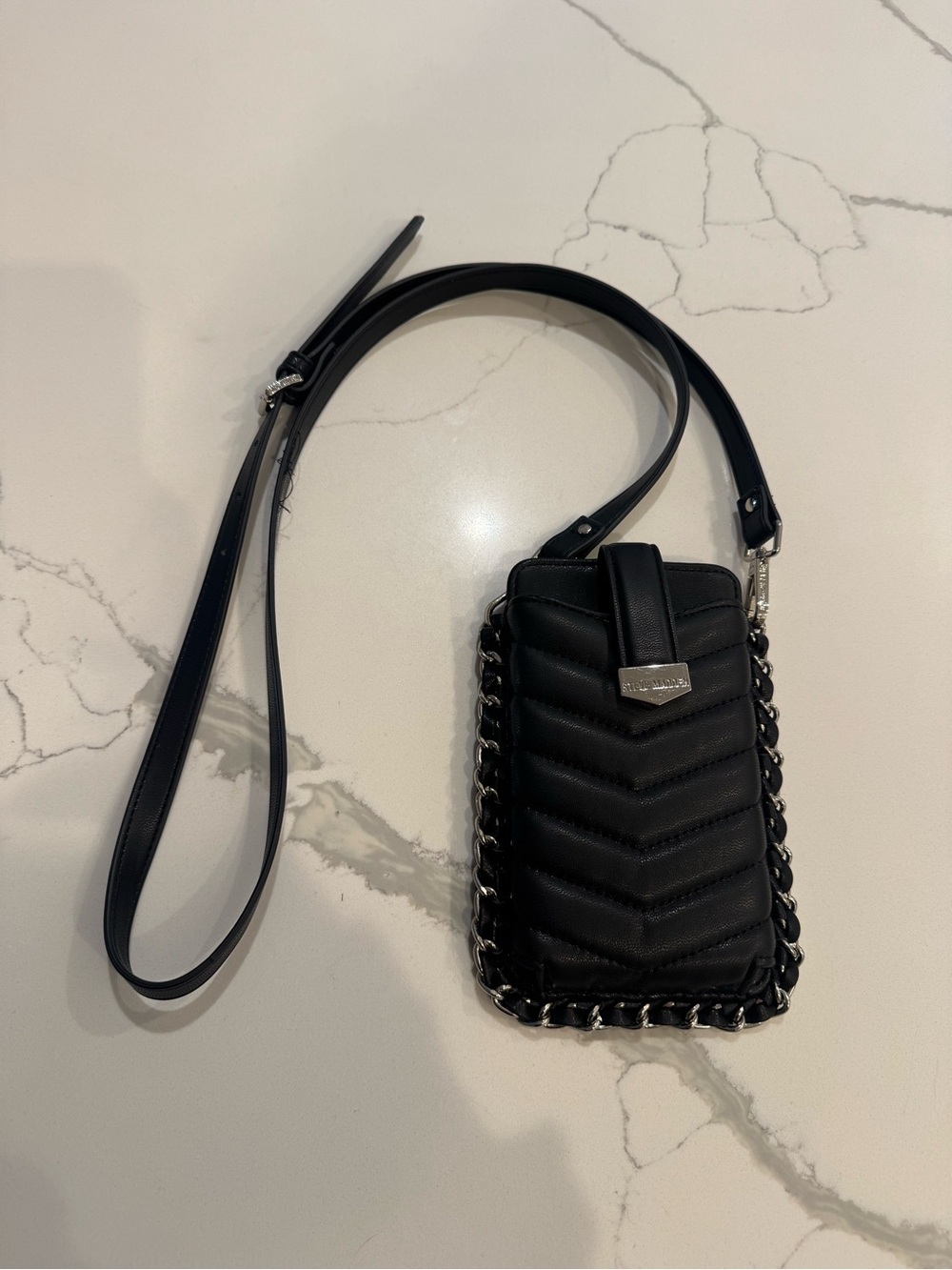 Black Quilted Chevron Crossbody Phone Bag with Chain Trim